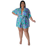 Plus Size Loose Printed Top Shorts Color Two-Piece Set