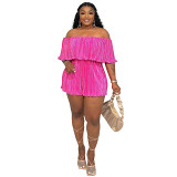 Women'S Ruffled One-Shoulder Pleated Short-Sleeved Shorts Jumpsuit