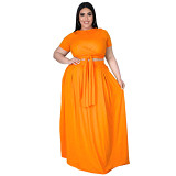 Solid Color Short Sleeve Large Swing Skirt Two-Piece Set