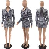 Loose Striped Shirt Long Sleeved Shorts 2-Piece Set