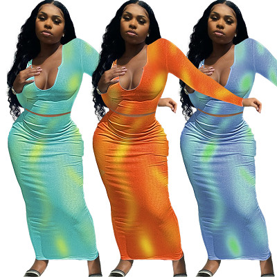 U-Neck Long Sleeved Tie Dyed Half Skirt Two-Piece Set