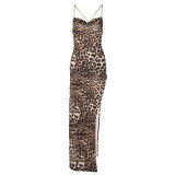 Women'S Leopard Print Slim Backless Chain Suspender Mid Length Dress