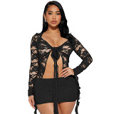 Elastic Lace V-Neck Sexy Short Skirt Two-Piece Set