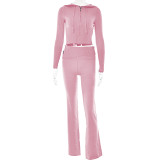 Knitted Hooded Suit Women'S Fashion Sexy High Waist Long Sleeve Trousers Two-Piece Set
