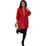 Solid Sequin Loose Fitting Shirt Dress