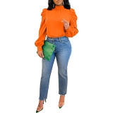 Solid Color Long Standing Neck Bubble Sleeve Top