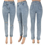 Personalized Ripped Diagonal Buckle Stretch Denim Jeans
