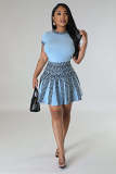 Knitted Printed Short Sleeve Pleated Skirt Two-Piece Set