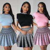 Knitted Printed Short Sleeve Pleated Skirt Two-Piece Set