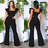 Solid Color Ruffled Square Neck Pants Jumpsuit For Women
