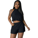 Casual Pleated Fabric Sleeveless Vest Shorts Two-Piece Set