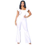 Solid Color Ruffled Square Neck Pants Jumpsuit For Women