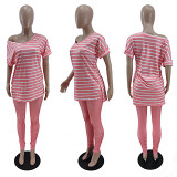 Loose Striped Casual Home Short Sleeved Pants Two-Piece Set
