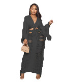 Women'S Casual Knitted Hollow Out Long Sleeved Skirt Set