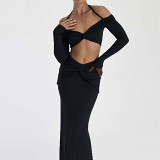 Fashion Set Sexy Hot Girl Clothes Women'S Long-Sleeved Top Long Skirt Two-Piece Set