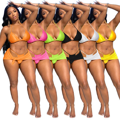 Women'S Bikini Neck Swimwear 6 Color Sexy Three Piece Set