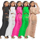 Women'S Casual Knitted Hollow Out Long Sleeved Skirt Set