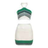 Fashion Jacquard Knit Contrast Color Halter Neck High Waist Slim Skirt Set