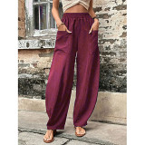 Solid Color Pocket Women'S Casual Elastic Pants