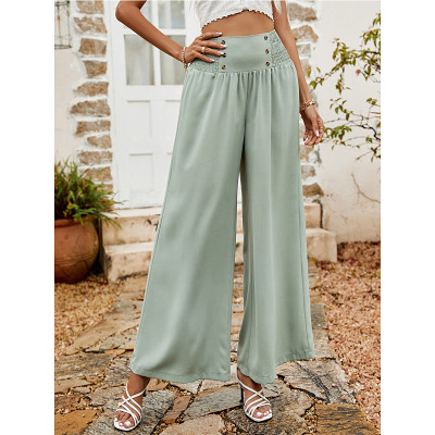 Pleated Button High Waisted Women'S Wide Leg Pants