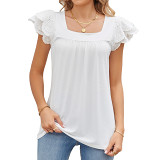 Solid Lace Square Neck Short Sleeved T-Shirt Top For Women