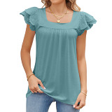 Solid Lace Square Neck Short Sleeved T-Shirt Top For Women