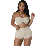 Solid Fashion Wrap Chest Casual Two Piece Set