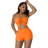 Solid Fashion Wrap Chest Casual Two Piece Set