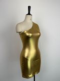Slim Fitting Metallic Slanted Shoulder Sleeveless Hip Wrap Dress