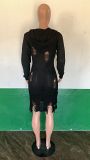 Sexy Long Sleeve Perforated Knitted Hooded Sexy Slim Fit Dress