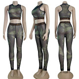 Summer New Mesh Printed Sleeveless Tank Top+Pants Set