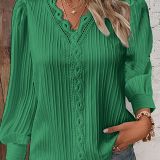 Long Sleeved V-Neck Lace Patchwork Shirt For Women