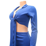 Klein Blue Lace Up Top Split Fit Skirt Set