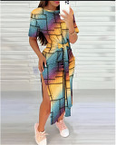 Round Neck Geometric Printed Buttock Wrap Dress