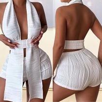 Sexy Pleated Open Back Tassel Two Piece Pullover Set