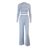 Knitted Turtleneck Cropped Long-Sleeved Top And Wide-Leg Trousers Suit