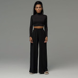 Knitted Turtleneck Cropped Long-Sleeved Top And Wide-Leg Trousers Suit