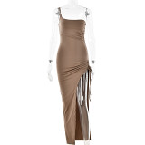 Single Strap Pleated Tight Backless Long Dress
