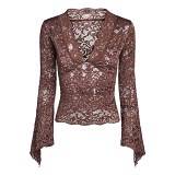 Sexy Slim Fit Lace V-Neck Flare Sleeve Top