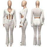 Long Sleeve Lace V-Neck Micro Flared Sexy Two Piece Set