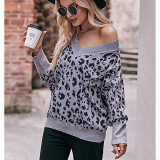 V-Neck Off Shoulder Leopard Pattern Pullover Loose Sweater
