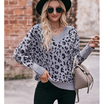 V-Neck Off Shoulder Leopard Pattern Pullover Loose Sweater