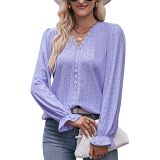 Knitted Mesh Jacquard T-Shirt V-Neck Long Sleeved Top
