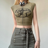 Spice Girl Star Print Contrasting Color Basic Slim Tank Top Navel Short T-Shirt Top