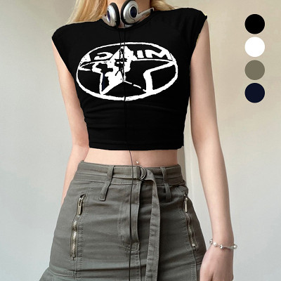 Spice Girl Star Print Contrasting Color Basic Slim Tank Top Navel Short T-Shirt Top