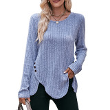 Round Neck Solid Top Long Sleeve Button T-Shirt