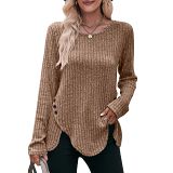 Round Neck Solid Top Long Sleeve Button T-Shirt