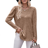 Round Neck Solid Color Top Long Sleeved T-Shirt