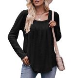 Bubble Sleeved Square Neck Pleated Long Sleeved T-Shirt