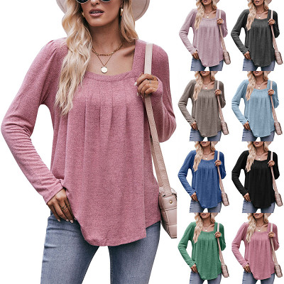 Bubble Sleeved Square Neck Pleated Long Sleeved T-Shirt